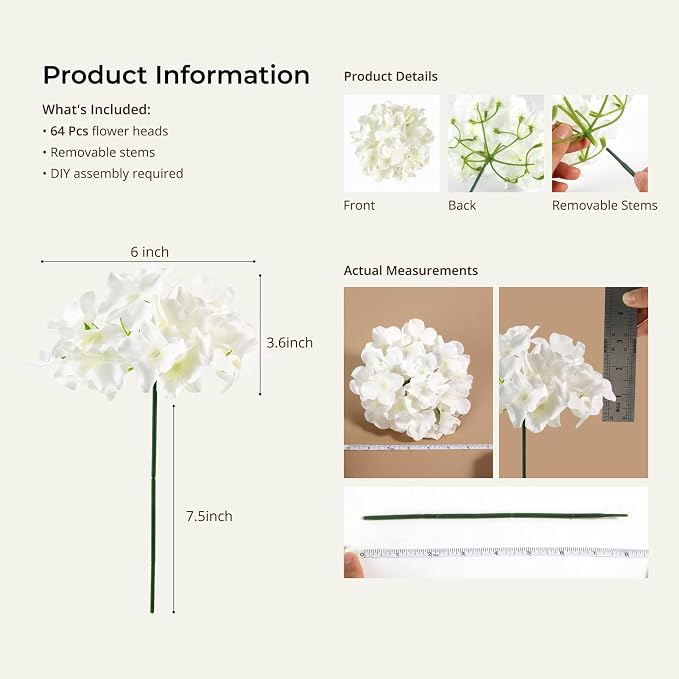 Auihiay 64 PCS Artificial Hydrangea Flowers, Silk Hydrangea Full Flowers Heads with Stems for Wedding Centerpieces, Home, Garden, Baby Shower, Party Decoration (Ivory)