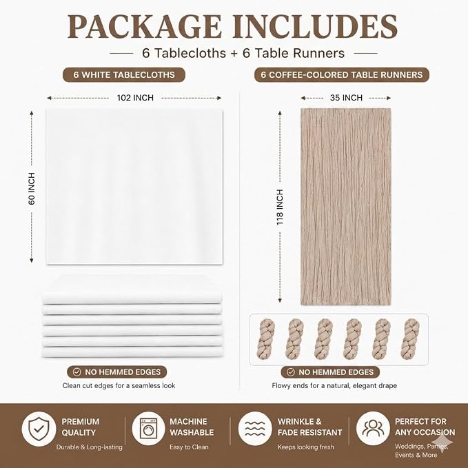 Cinrobiye 12 Pack Boho Wedding Table Decor Set, 6 White Tablecloths and 6 Cheesecloth Table Runners, Gauze Table Runner and Tablecloth Kit for Wedding Baby Shower Bridal Shower Party Reception(Coffee)
