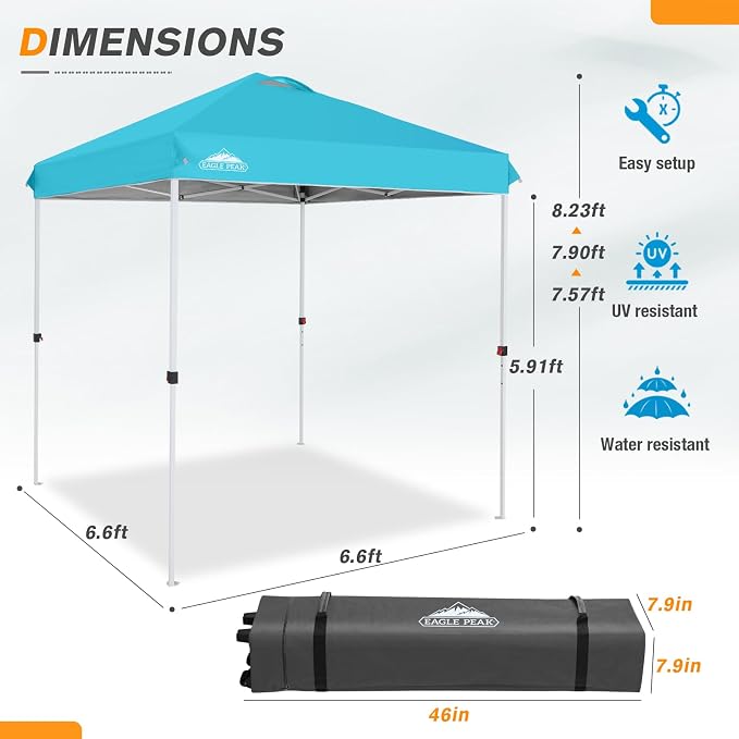 EAGLE PEAK Pop Up Canopy Tent with Wheeled Carry Bag, 8 Stakes, 4 Ropes, Easy Set Up Tent Canopy, 6.6x6.6 ft, Light Blue
