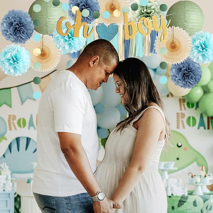 Dusty Blue and Sage Green Baby Shower Decorations Oh Boy Sage Green and Blue Baby Shower Decorations Light Beige Tissue Paper Pom Poms Fans Cream Tassel Garland Kit with Oh Boy Banner Gold