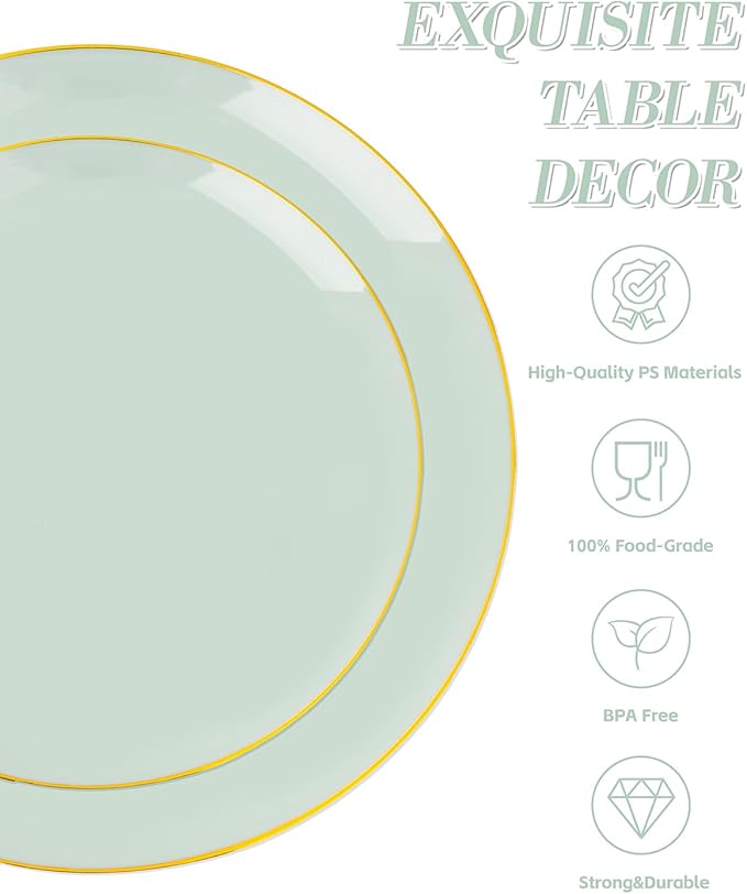 bUCLA 150PCS Green Plastic Plates - Sage Green with Gold Rim Disposable - Include 25 (Dinner & Dessert) Plates, 25 Knives, 25 Forks, 25 Spoons and 25 Cups for Party, Birthday & Spring