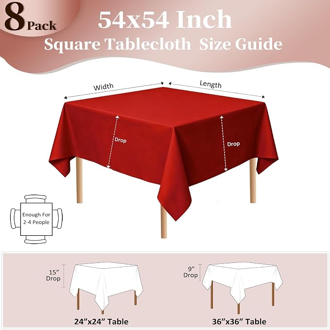 8 Pack Red Square Tablecloth 54x54 Inch Table Cloth for Square Tables, Wrinkle Resistant Washable Polyester Fabric for Dining Banquet Wedding Party