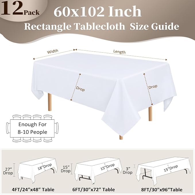 12 Pack White Table Cloth 60x102 Inch Rectangular Tablecloths for 6 Foot Rectangle Tables, Wrinkle Resistant Washable Polyester Fabric for Dining Banquet Wedding Party