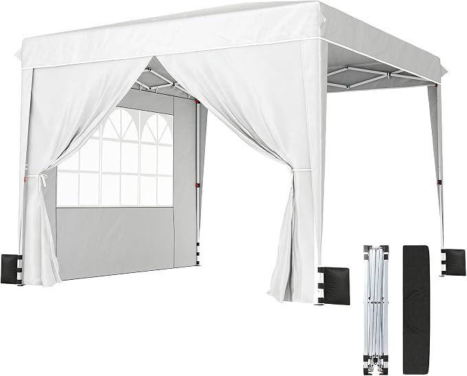 Outsunny 10 x 10 ft Pop Up Canopy Tent with Sidewalls, UPF50+ Outdoor Portable Instant Canopy Shelter with Carry Bag, Sandbags, Adjustable Height for Parties, Events, Camping, White