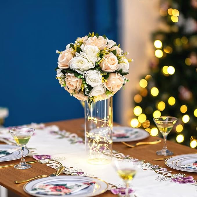 Flower Balls Wedding Flower Centerpieces: 6 Pcs Fake Roses with Base Table | Champagne White Artificial Floral Arrangements Decorations - Faux Silk Kissing Flower Bouquet of Roses Home Party DIY Decor