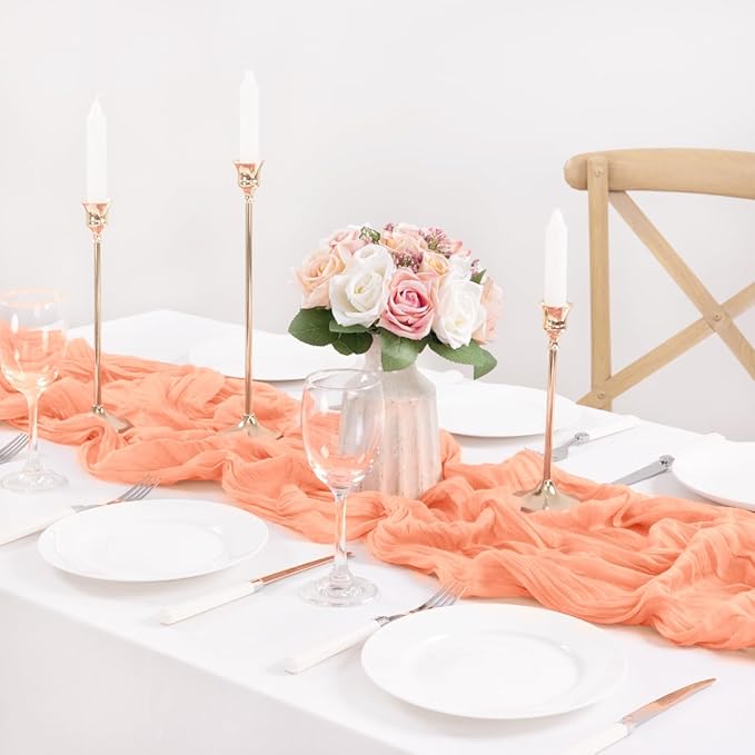 MLMC 3 Pack Peach Cheesecloth Table Runner 10ft Spring Rustic Gauze Cheese Cloth Table Runner 35x120 Inches for Wedding Bridal Baby Shower Party Decor