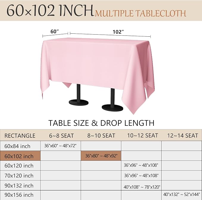 60x102 Table Cloth - 2 Pack Rectangular Black Washable Stain and Wrinkle Resistant Polyester Table Cover for Dining Tables, Various Parties and Camping (Pink)