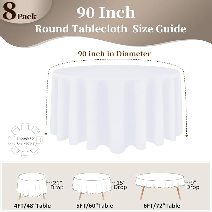 8 Pack White Round Tablecloth 90 Inch Round Table Cloth, Wrinkle Resistant and Washable Tablecloth Polyester Fabric Table Cloth Round Cover for Dining Wedding Banquet Party
