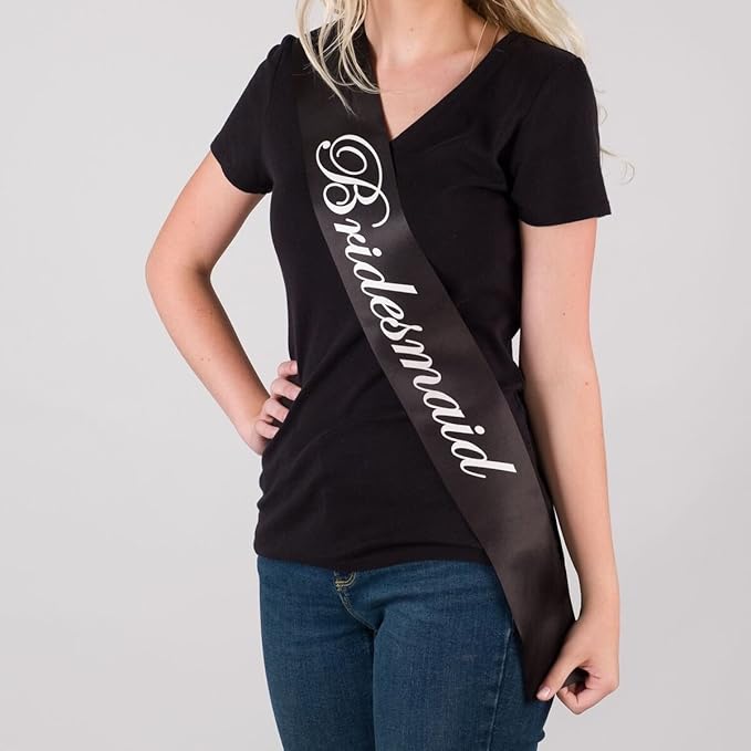 Ella Celebration Bridesmaid Double Layer Sash, Black Satin Bridal Shower Bachelorette Party Accessories Sashes (Bridesmaid, Set of 1)