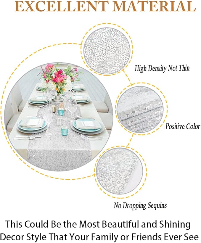 ShinyBeauty Sequin Table Runners Silver 15 Packs 12x108 Table Runner for Party Glitter Table Runner 108 Inches Long Table Linens for Weddings Sparkly Table Cover Event Table Decor