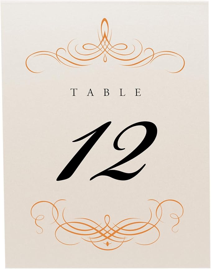 Decadent Flourish Wedding Table Numbers (Select Color/Quantity), Champagne, Orange, 1-35, Double Sided, Tent or Use in a Stand, Great for Parties & Restaurants - Made in the USA