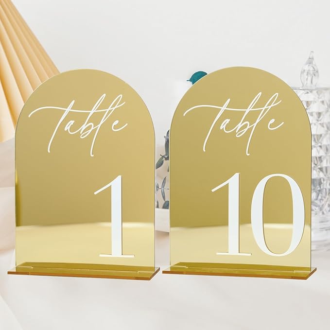 Gold Mirror Arch Acrylic Wedding table numbers 1-10 with Stands, 5"x7" Arched Acrylic Signs with White Numbers, Gold Mirror Table Numbers for Reception, Party, Anniversary, Event