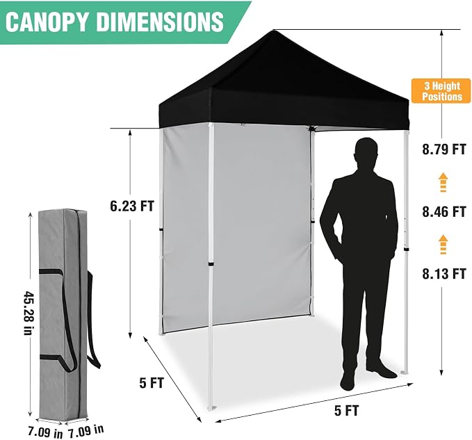 5x5 Pop Up Canopy Tent with One Sidewall, Instant Portable Beach Canopy, Outdoor Tent with Carry Bag for Camping, Sports, Tailgating, Events, Black