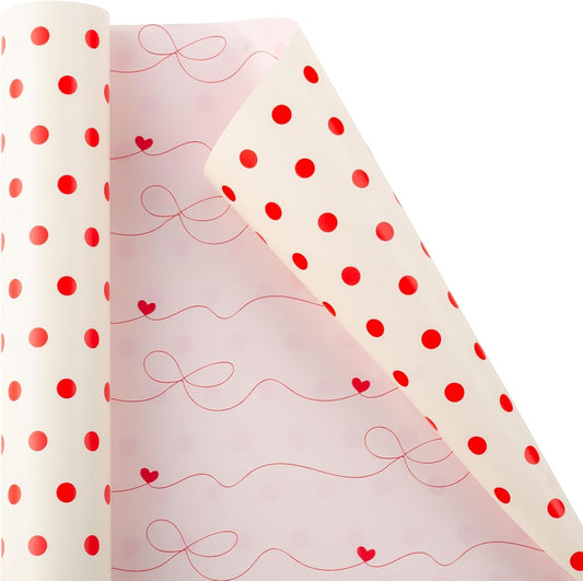 Flyhill Polka Dot Wrapping Paper,Reversible Pink Beige Elegant Heart & Bow Gift Wrap Suitable for Birthday,Girls,Baby Shower,Wedding (17 Inch X 32.8 Feet)