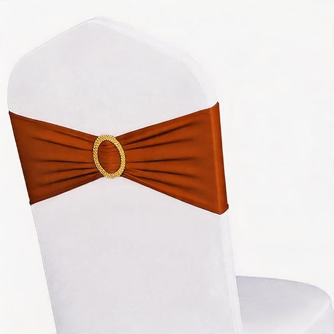 Pack of 50 Spandex Terracotta Chair Sashes with Gold Buckles, Stretch Chairs Sashes for Wedding Party Baby Shower Ceremony Event Decorations Chair Bands Bows (Terracotta Sashes, Gold Buckles)