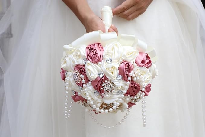 Dusty Pink Rose and Ivory Wedding Bouquet with Rhinestone Brooch Pearl String Satin Flower Cascade Bridal Bouquet for Bride Bridesmaid Quinceanera Wedding 6.3in