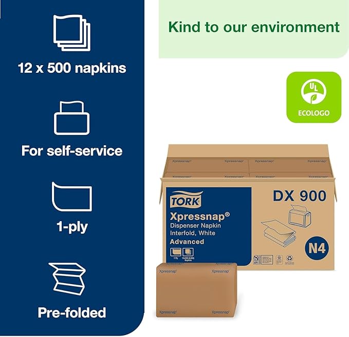 Tork Xpressnap White Dispenser Napkins N4 Advanced Interfold 1-Ply for Hygienic Dispensing 12 Packs of 500 (6000 Total) - (DX900)