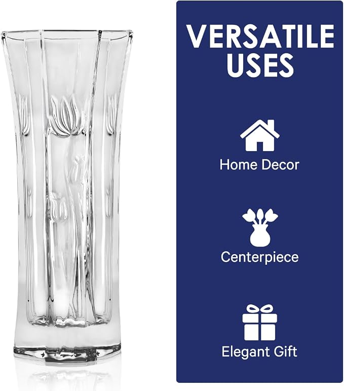 CS Crystal Vase 12-inch high, Tulip Design, for Flowers & Decor. Lovely Nice Shiny Piece. Perfect as a Gift, Suitable for All Occasions.