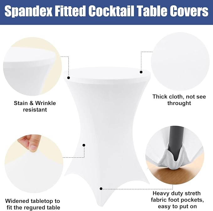 Moosfor Spandex Cocktail Table Covers 6 Pack, Elastic Fitted Stretch Table Cloth, Round High Top Tablecloths for Bar, Party, Pub, Wedding & Banquet (White, 32x43 Inch)
