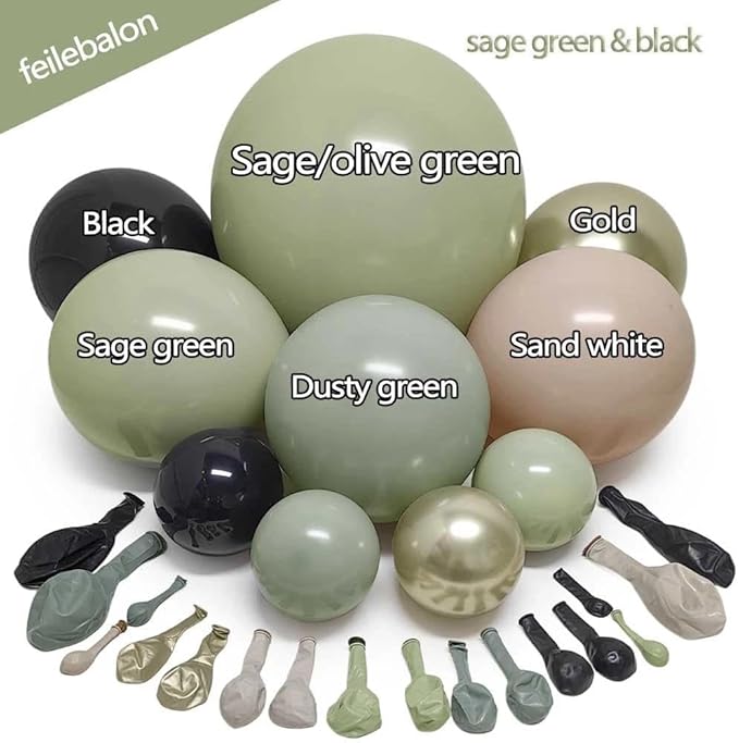 Sage Green Black Balloon Arch Kit, Double Stuffed Dusty Olive Green White Sand Cream Beige Gold Balloon Garland for Birthday Camo Woodland Jungle Wedding Boho Graduation Party Decoration