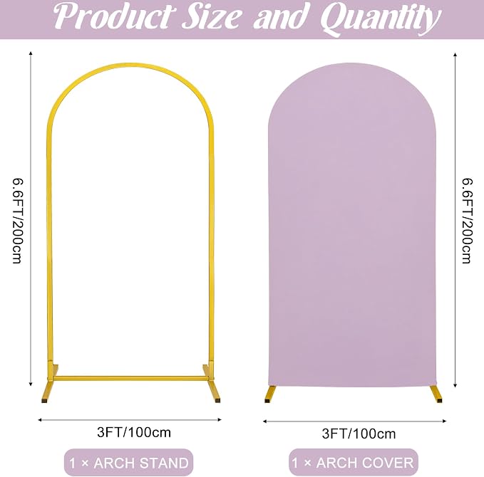 Metal Arch Stand and Cover Set,1 Light Purple Spandex Fitted Backdrop with 1 Gold Wedding Arched Stand Frame for Parties Birthday Baby Shower Bridal Banquet Decoration (6.6FT)