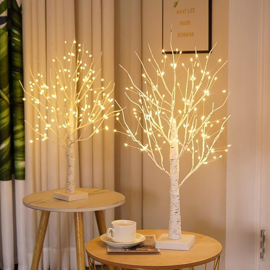 Lighted Trees for Indoor Decor, 24”2FT White Birch Tree with 144 LED Lights, Lighted up Tree Lamp USB/Battery Powered Timer, Artificial Trees for Table Home Christmas Decor (2)