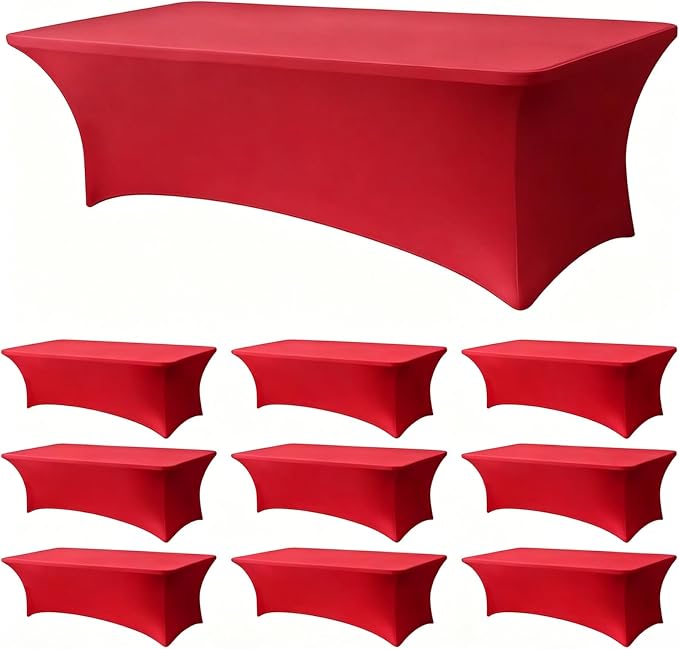Red Spandex Tablecloth 10 Pack, 8FT Fitted Stretch Table Cloth with Reinforced Foot Pockets for 96 x 30 x 30 Inch Rectangle Tables, Washable Table Covers for Trade Shows, Weddings, Parties