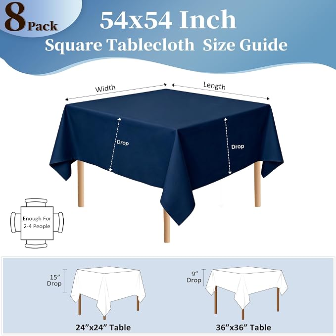 8 Pack Navy Blue Square Tablecloth 54x54 Inch Table Cloth for Square Tables, Wrinkle Resistant Washable Polyester Fabric for Dining Banquet Wedding Party