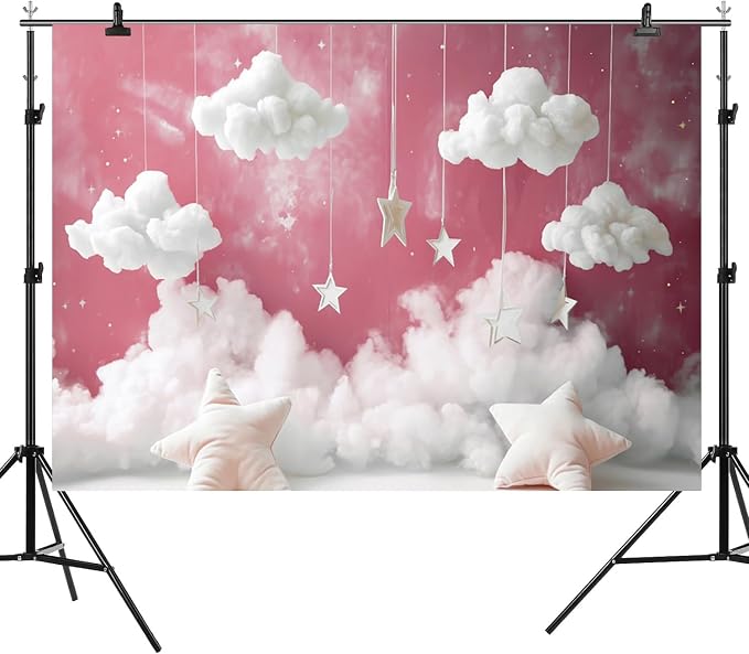 7x5ft Cloud Backdrop Sky Starry Star White Pink Photography Background Baby Shower Banner for Girl Baby Birthday Party Decoration Newborn Photoshoot Prop Cake Smash Photo Booth Prop
