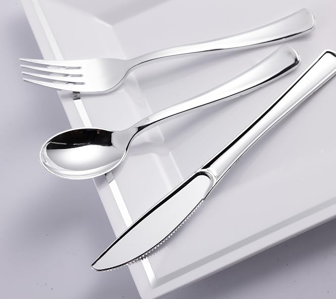 N9R 300PCS Silver Plastic Silverware Set, 100 Forks, 100 Spoons, 100 Knives, Heavy Duty Disposable Cutlery for Parties, Fancy Disposable Flatware for Weddings, and Daily Use