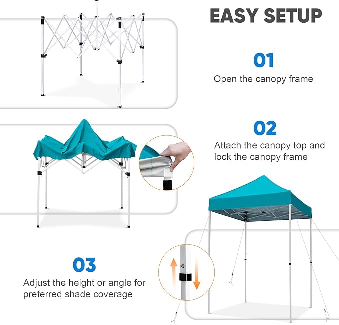 COOS BAY 5x5 Pop Up Canopy Tent, Portable Lightweight Sun Shelter with Carry Bag, Easy Setup Outdoor Canopy for Beach, Camping, Sports & Backyard Shade, Turquoise