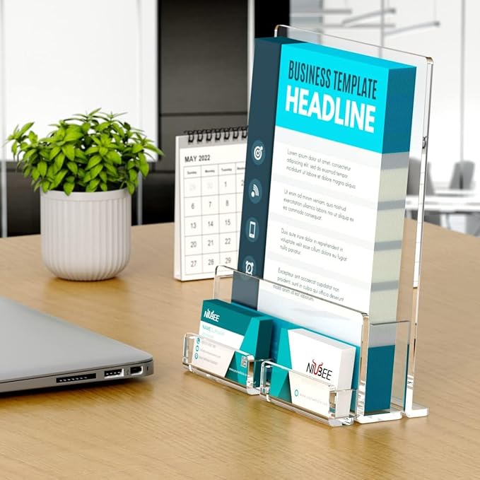 NIUBEE 6-Pack Acrylic Brochure Holder 8.5*11 inches , Clear Brochure Display Stand with Acrylic Business Card Holder, Plastic Flyer Display Stand for Magazine, Pamphlet, Booklets, Menu, Journals