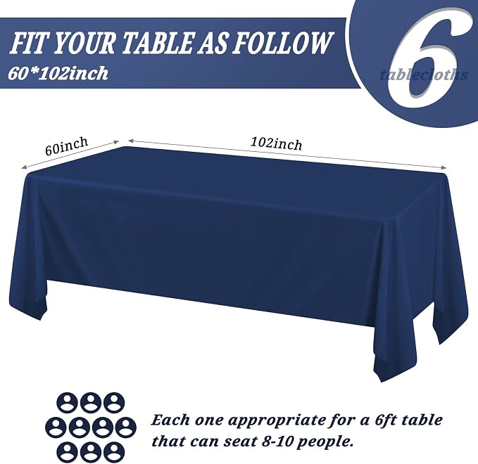 Pesonlook 6Pack Navy Blue Tablecloths for 6 ft Rectangle Tables, 60 x 102 Inch Rectangle Table Cloth Polyester Fabric Washable Table Cloth for Wedding Reception Banquet Party Restaurant