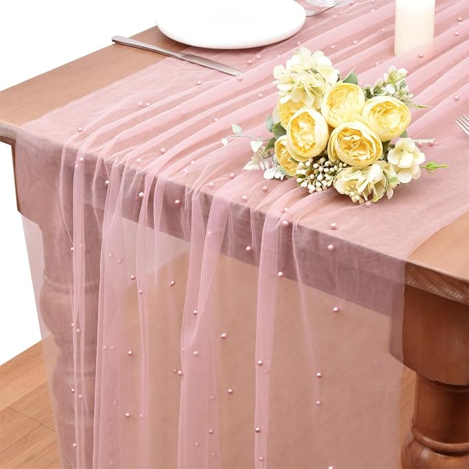 Dusty Rose Pearl Table Runner Boho Rustic Tulle Lace Dining Baby Shower Wedding Arch Decor Veil Dessert Holiday Centerpiece Table Decor 3pcs