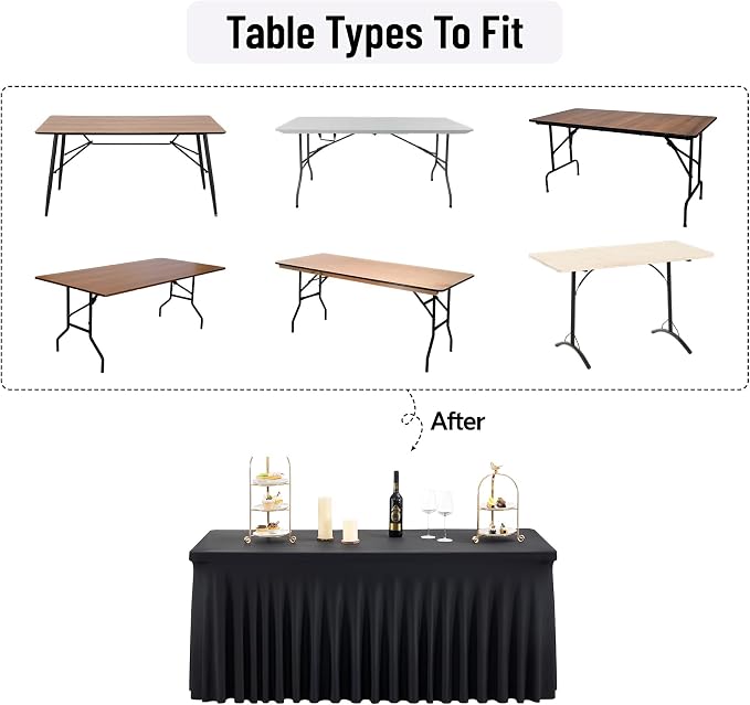 leegleri 4 Pack Black Spandex Table Cloths for 6 Foot Rectangle Tables, Wrinkle Free Stretch Fitted Tablecloths 6ft, Black Banquet Tablecloth with Skirt for Parties Weddings Birthday