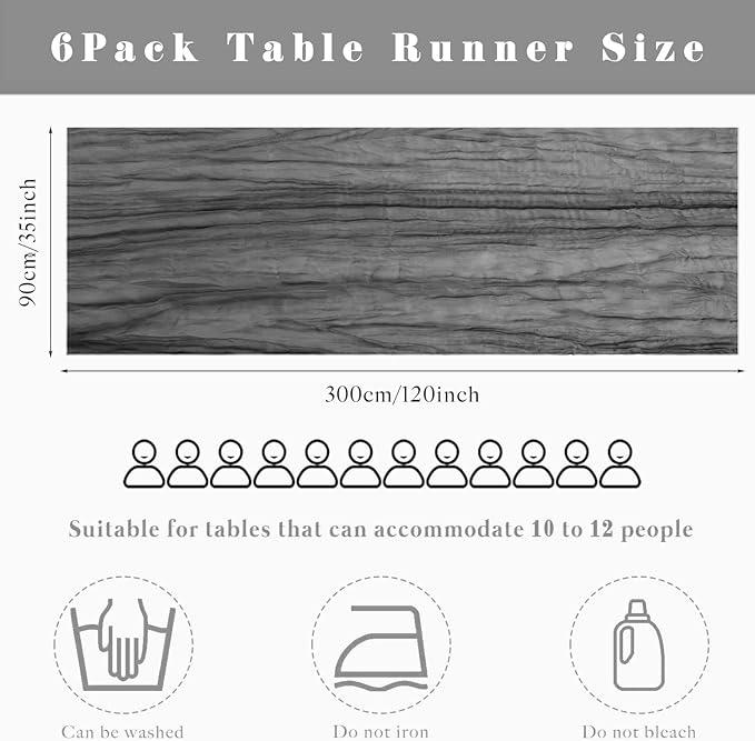 6 Pcs Gray 35 x 120 Inches Long Cheesecloth Table Runner 10FT Runner for Tables Gauze Fabric Boho Table Runner Decoration Rustic Semi Sheer Runner for Wedding Baby Shower Birthday Party (Gray)