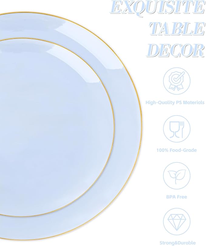 bUCLA 150PCS Blue Plastic Plates - Light Blue and Gold Disposable Include 25 Each (Dinner & Dessert) Plates, 25 Knives, 25 Forks, 25 Spoons and 25 Cups, Ideal for Party, Birthday & Wedding