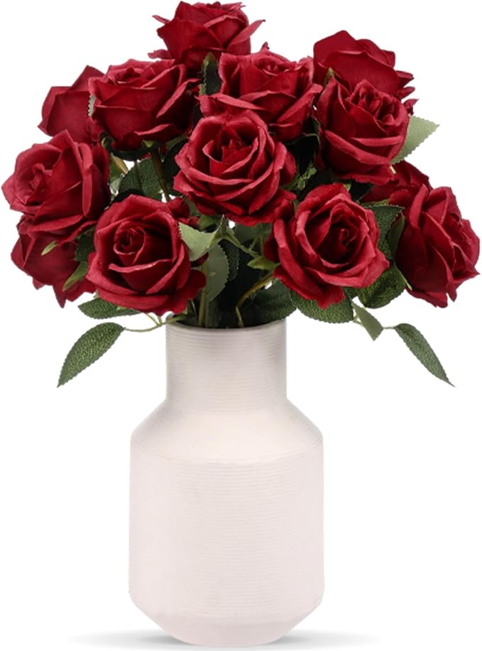 Hotop 20 Pcs Artificial Rose Flowers with Long Stem, Real Lifelike Silk Realistic Plastic Bouquet Roses Bulk for Home Decor Bridal Wedding Party Table Centerpieces Decorations(Wine Red)