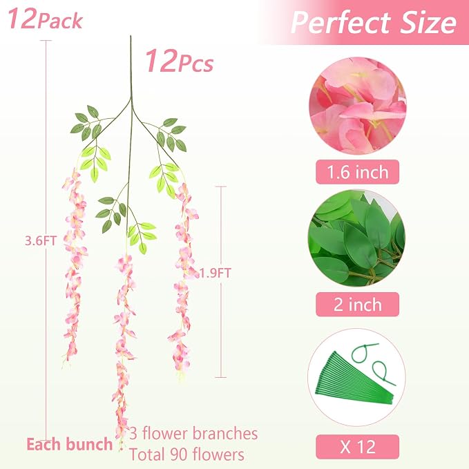 12Pcs Artificial Wisteria Hanging Flowers, 3.6Ft/Pcs Deep Pink Fake Wisteria Garland for Wedding Party Home Garden Indoor Outdoor Decoration