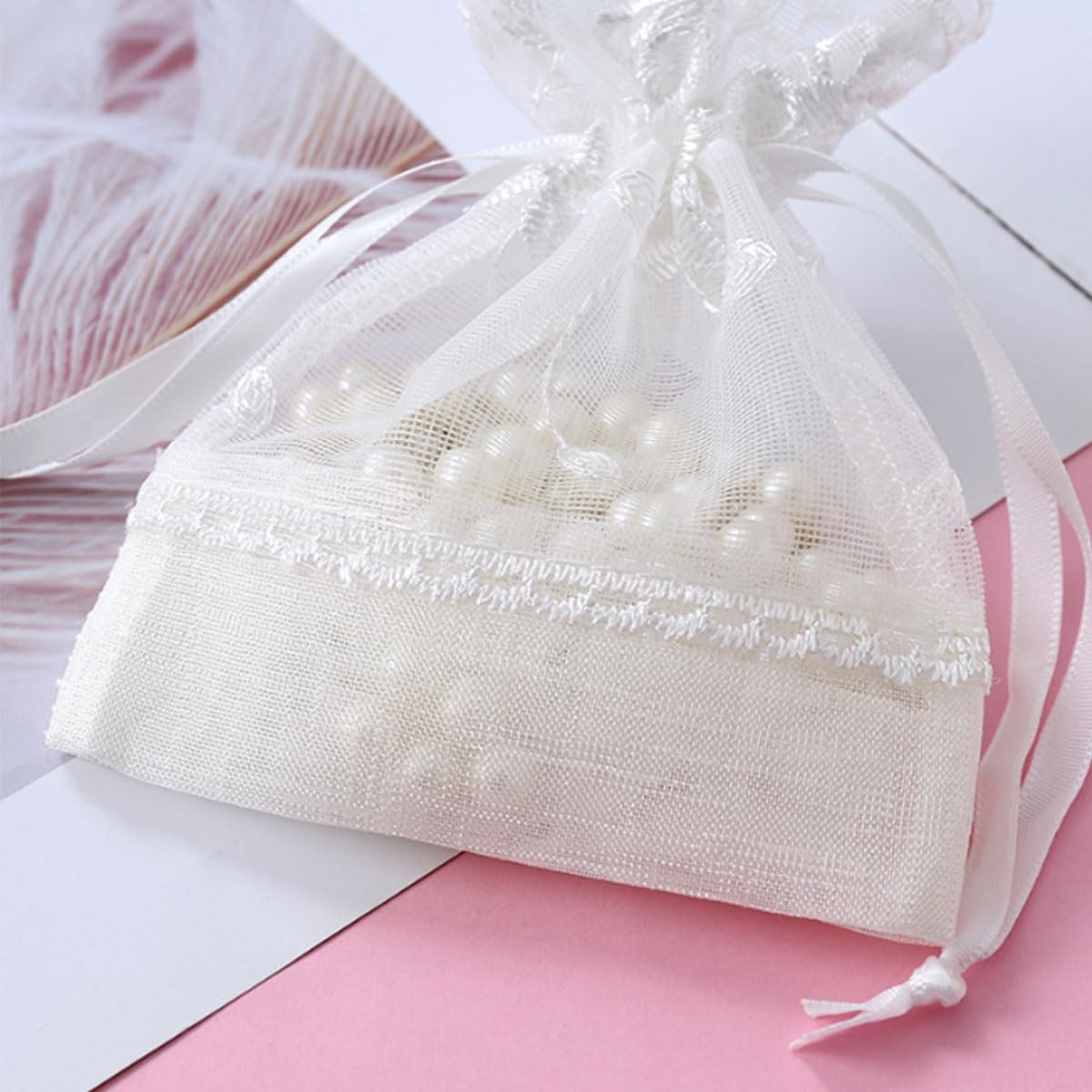 Ewanda store 20Pcs Lace Organza Drawstring Bags Five Petal Flower White Lace Bag for Wedding Christmas Birthday Party Favors Jewelry Pouches