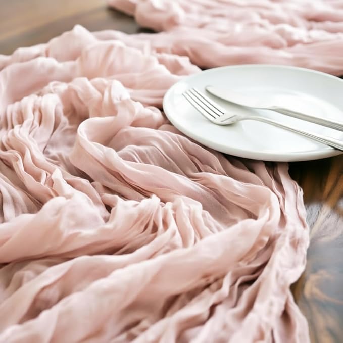LINXTAR Dusty Pink Cheesecloth Table Runner 120 Inches 10Ft Gauze Summer Boho Table Runner for Wedding Tea Party Baby Shower Bridal Birthday Home Decoration