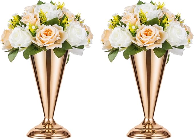 2 Pcs Tabletop Metal Wedding Flower Trumpet Vase, 9.8 inch Table Decorative Centerpiece, Artificial Flower Arrangements for Anniversary Ceremony Party Birthday Event Aisle Home Decoration (Gold)