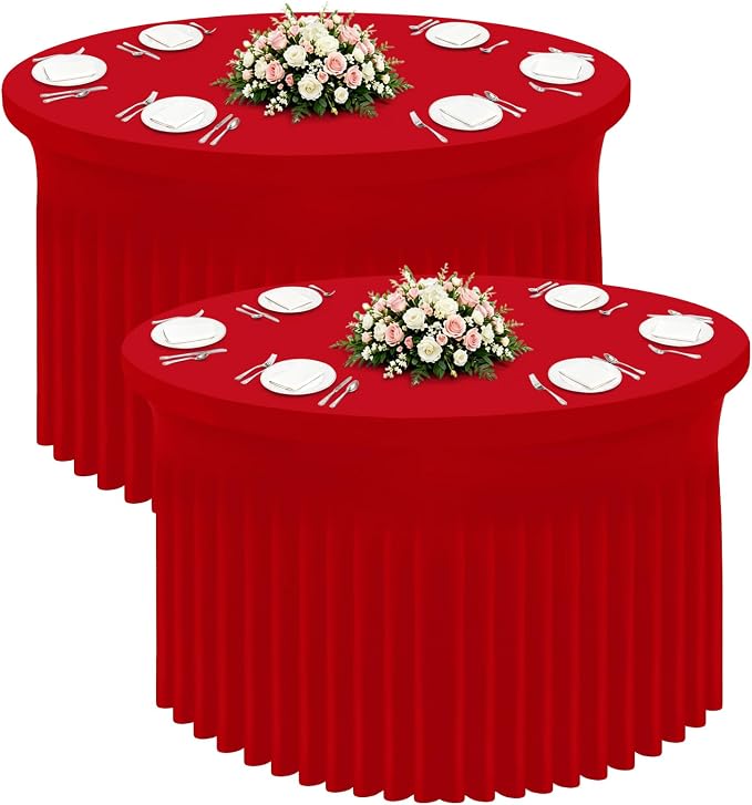 Smiry Round Spandex Tablecloth 2 Pack, Elastic Fitted Washable Tablecloths for 72 Round Tables, Waterpoof Stretch Table Cover Skirt for Outdoor, Wedding, Banquet & Parties, Red