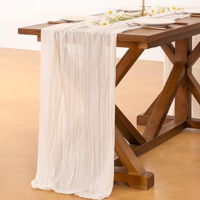 Socomi 15pcs Ivory White Cheesecloth Table Runner Valentine's Day Boho Rustic Gauze 120 inch 10FT Cheese Cloth Runner for Wedding Party Baby Shower Birthday Home Decor Holiday Decorations