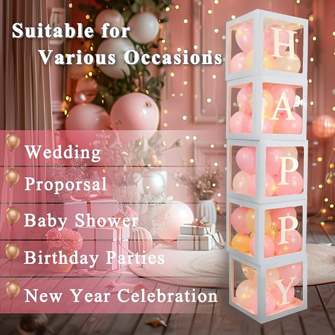 Ledido Transparent Balloon Boxes, Clear Balloon Boxes with 5 Pcs String Lights and 78 Letters for Baby Shower Gender Reveal 2026 New Year Grad Party Birthday Anniversary Bridal Decor - 5 White Boxes