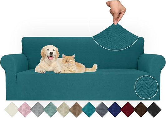 JIVINER Stretch Oversized Sofa Covers 1 Piece 4 Seater Couch Covers Jacquard Universal Sofa Slipcovers for Extra Large Funiture Protector for Kids, Pets (X Large, Teal Rhomb)