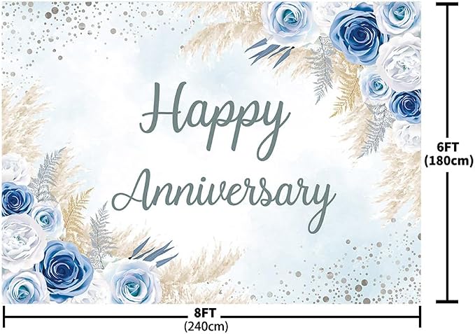 MEHOFOND Boho Happy Anniversary Backdrop Blue Floral Bohemia Pampas Grass Anniversary Banner Cheers to Marriage Wedding Party Decorations Memorial Portrait Photo Booth Background 8x6ft