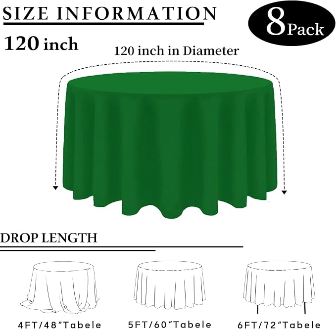 8 Packs 120 Inch Green Round Tablecloth in Diameter, Washable Polyester Fabric Tablecloths, Wrinkle Resistant Table Cloth for Wedding Party Banquet Dining