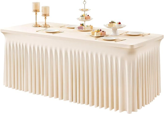 1 Pack Light Champagne Table Clothes for 4 Foot Rectangle Tables, One-Piece Wrinkle Resistant Stretch Spandex Table Covers with Skirt for Event Banquet Wedding Birthday Party