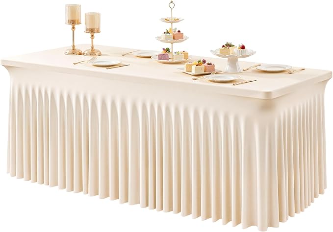 1 Pack Light Champagne Table Clothes for 6 Foot Rectangle Tables, One-Piece Wrinkle Resistant Stretch Spandex Table Covers with Skirt for Event Banquet Wedding Birthday Party